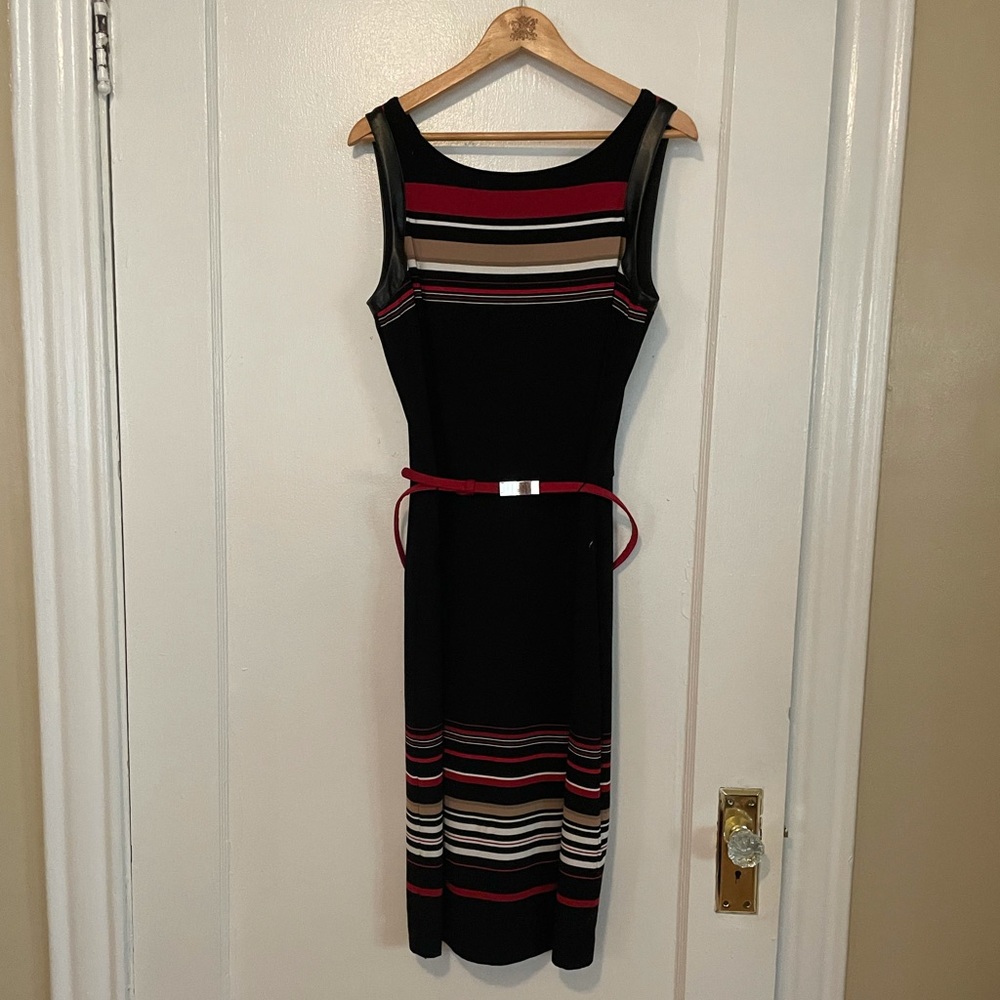White House Black Market striped sheath dress black, red, tan leather trim